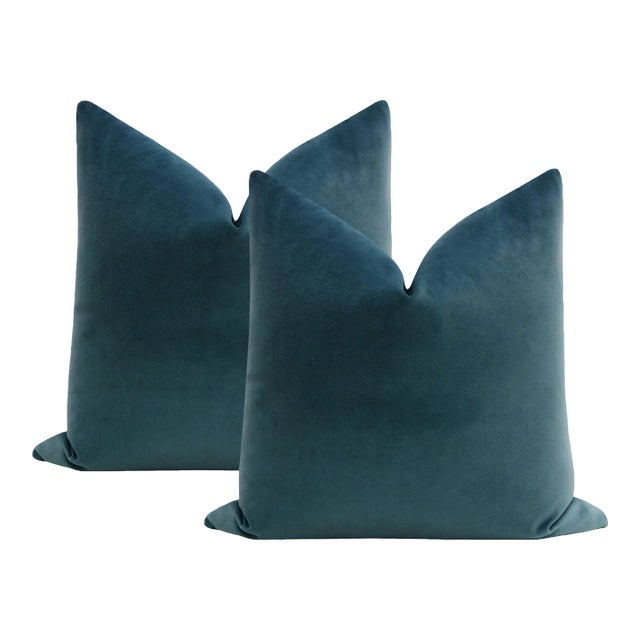 22" French Blue Contemporary Velvet Pillows - a Pair For Sale