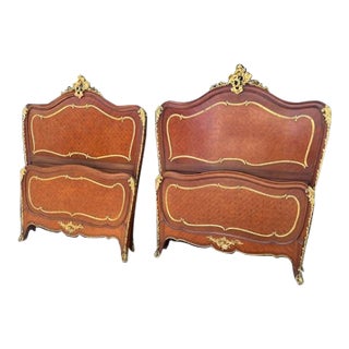 Late 19th Century Pair of French Antique Mahogany & Rosewood With Omalu Twin Headboard and Footboard For Sale