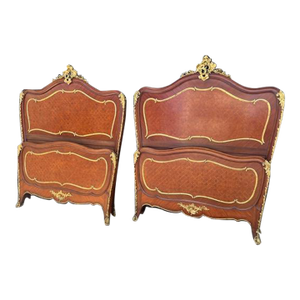 Late 19th Century Pair of French Antique Mahogany & Rosewood With Omalu Twin Headboard and Footboard