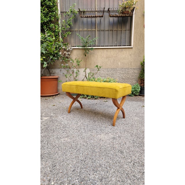 Bench with Light-Colored Crossed Wooden Legs and Yellow Fabric Seat, 1940s, in Very Good conditions. Designed 1920 to 1949