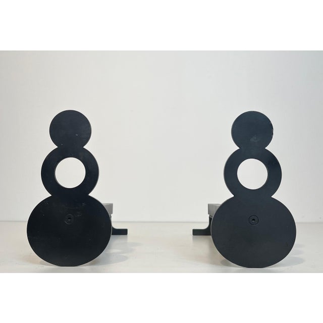 Pair of Modernist Andirons in Steel and Wrought Iron French Work. Circa 1980 For Sale - Image 4 of 12