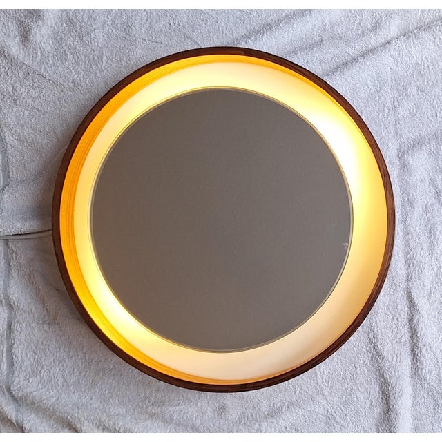 Vintage Round Illuminated Wall Mirror with Teak Frame, 1970s For Sale - Image 9 of 9