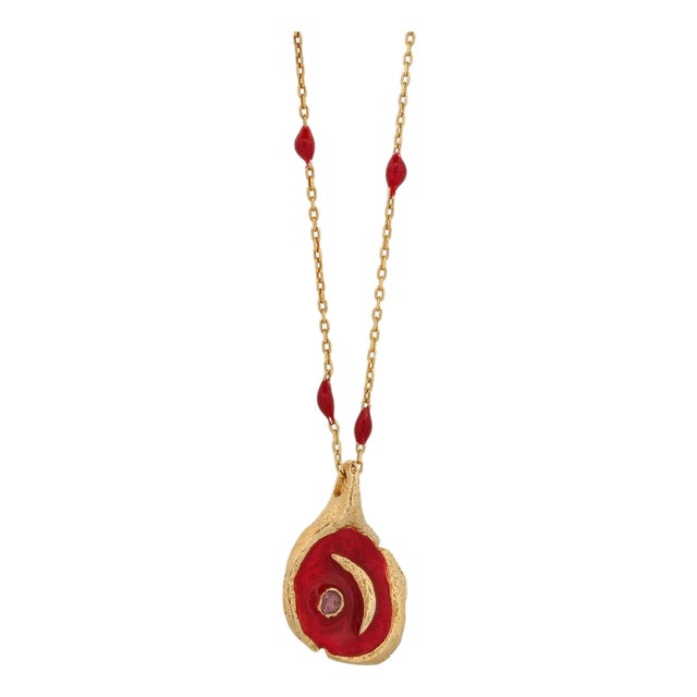 Red Moon Pendant Gold & Enamel Chain Necklace For Sale
