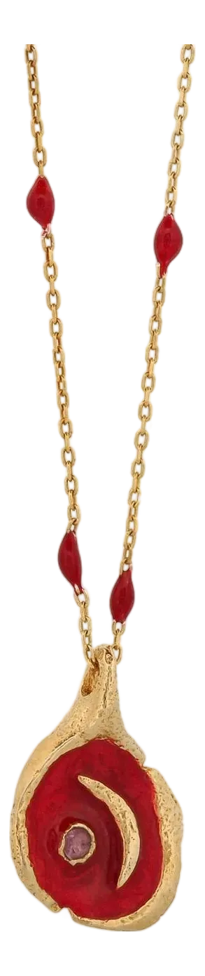 Red Moon Pendant Gold & Enamel Chain Necklace