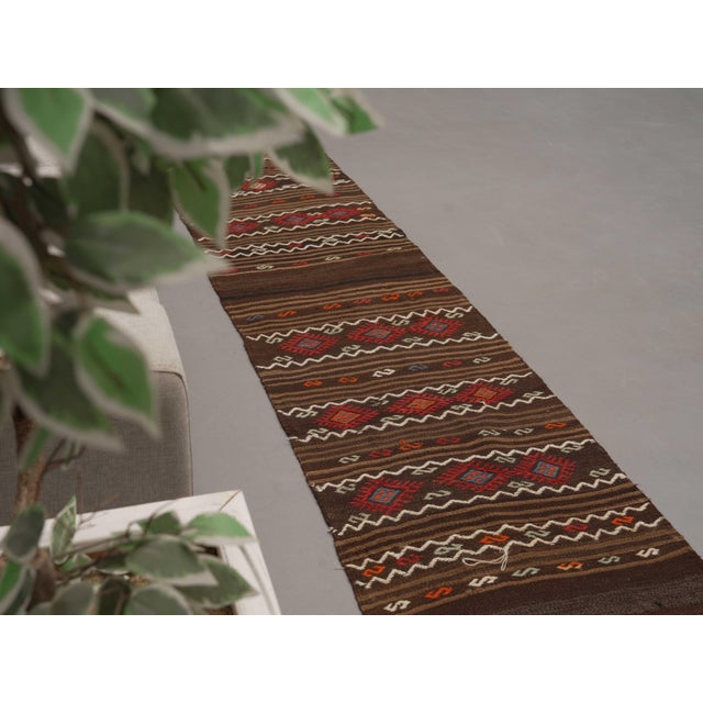 Brown 1970s Vintage Handmade Wool Cotton Brown Runner Rug For Sale - Image 8 of 11