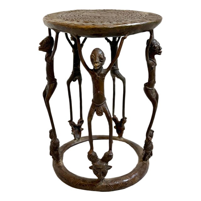 Vintage Bronze African Tikar Tribal Stool / Side Table For Sale