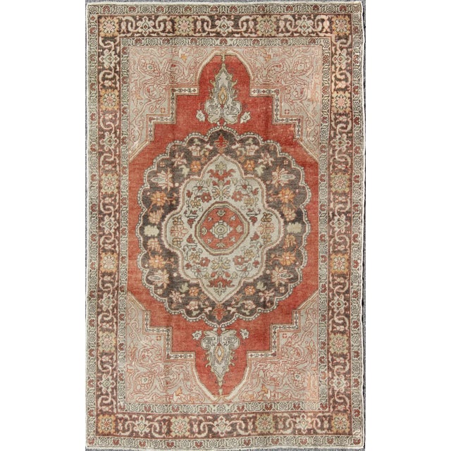Antique Turkish Oushak Rug With Floral Medallion in Red, Charcoal and Cream For Sale - Image 10 of 10