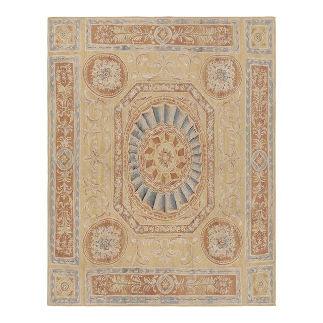 Rug & Kilim's Aubusson Style Rug in Gold & Beige With Floral Medallion For Sale
