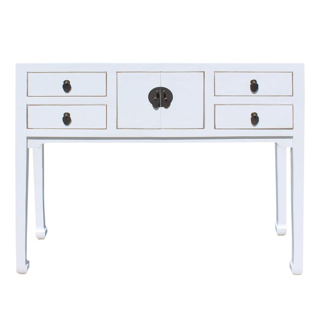 Chinese Oriental Rustic Off White Lacquer Drawers Side Table