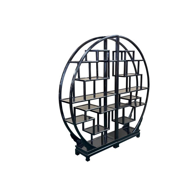 Asian Black Lacquer Moon Gate Round Shelves Wood Display Curio Cabinet Room Divider For Sale - Image 3 of 12