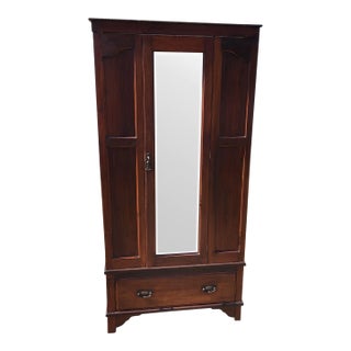 Antique 1920's British Armoire With Beveled Mirror and Storage Drawer For Sale