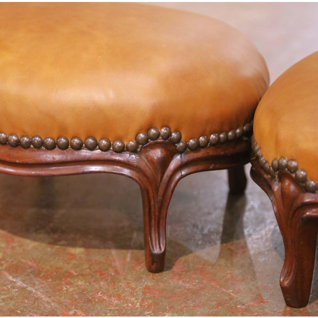 Pair of 19th Century French Louis XV Mahogany Footstools With Leather Tops For Sale - Image 4 of 8