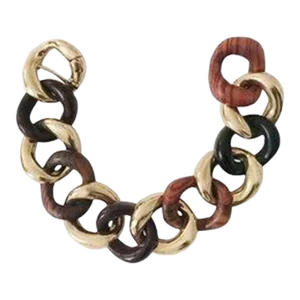 Christina Addison Alternating Multi Wood and Gold Curb Link Bracelet