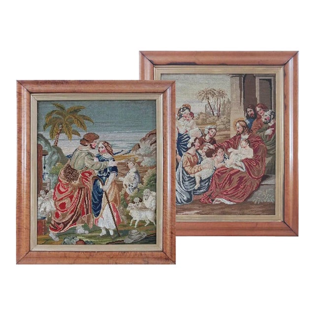 Antique English Woolwork Pictures Biblical Embroidered Textiles Framed – A Pair For Sale