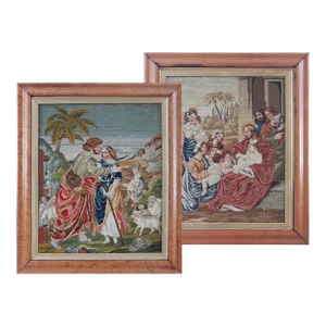 Antique English Woolwork Pictures Biblical Embroidered Textiles Framed – A Pair