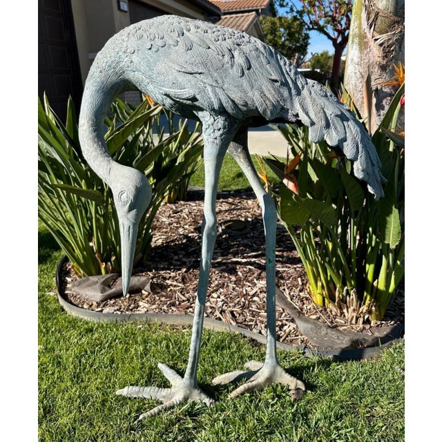 1920s Monumental Pair of Life-Size Bronze Crane Garden Sculptures With Verdigris... For Sale - Image 11 of 18
