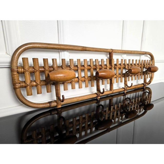 Wood Italian Bohemian Bamboo and Rattan Wall Coat Hanger, 1960s For Sale - Image 7 of 10