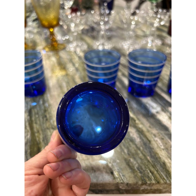 1950s 1950s Hazel Atlas Low Ball Cobalt Blue Tumblers With White Rings - Set of 7 For Sale - Image 5 of 9