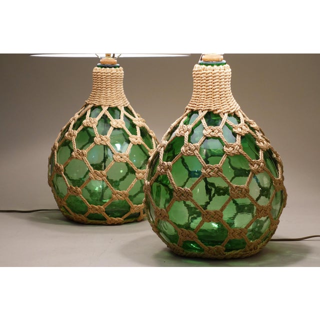 1970s Matched Pair XL Bottle Green Glass Globe Rope Macrame Net Fish Float Coastal Tiki Table Lamps Nos "New-Old-Stock" Unused For Sale In Los Angeles - Image 6 of 13
