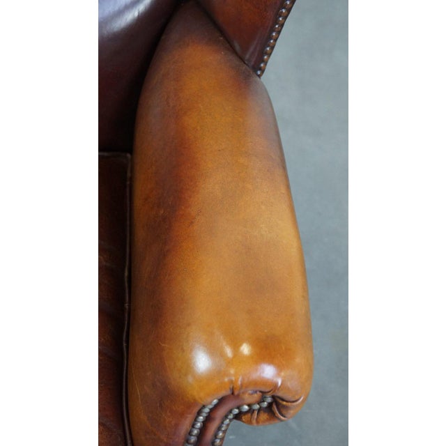Brown Leather Cognac Wing Chair For Sale - Image 8 of 14