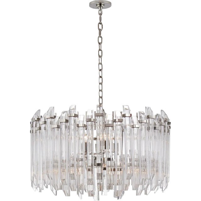 Suzanne Kasler for Visual Comfort Signature Adele Large Wide Drum Chandelier in Polished Nickel with Clear Acrylic For Sale