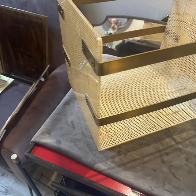1980s Dior Home Style Mid-Century Modern Brass and Wicker Magazine Stand For Sale - Image 6 of 18