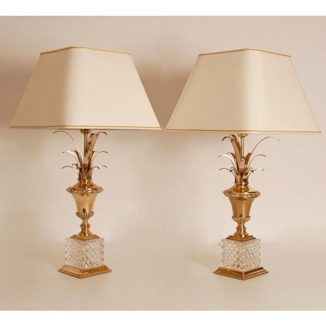 Mid-Century Modern 1970s Mid Century French Table Lamps Crystal and Gold Brass Reed Modern Lamps - A Pair For Sale - Image 3 of 12