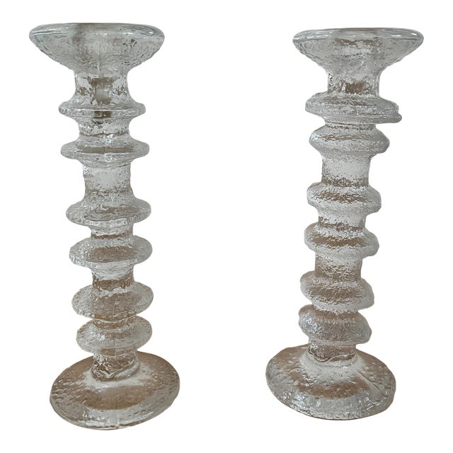 A Pair of Vintage Iittala Festivo 6 Ring Glass Candlesticks by Timo Sarpaneva, a Pair For Sale