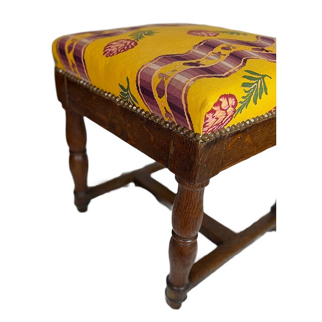French Antique Pierre Frey Upholstery Louis XIII Style Oak Ottomans - A Pair For Sale - Image 3 of 8