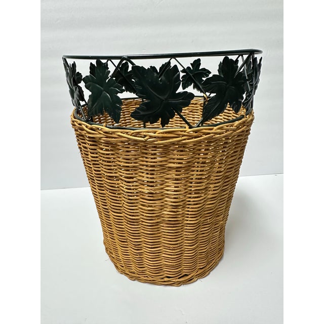 Traditional Vintage Late 20th Century Wicker Woven Waste Basket With Green Metal Leaf Accent For Sale - Image 3 of 9