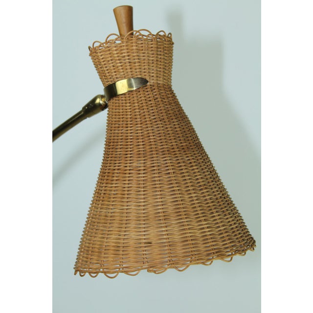 Rare kiwi floor lamp completely preserved in original condition, brass shaft, base sand-coloured lacquered, wound plastic...