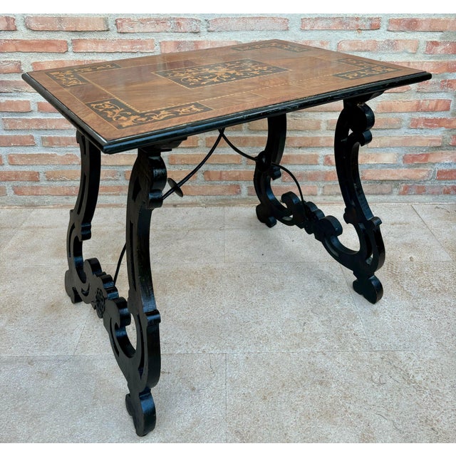 Spanish Baroque Side Table with Lyre Legs and Marquetry Top, 1850 For Sale - Image 18 of 18
