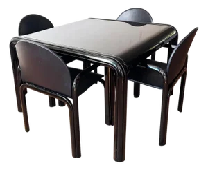 70s Gae Aulenti Knoll Black Orsay Square Mod 54 Table + 4 BLK Leather Chairs Set