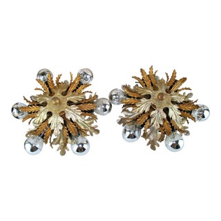 1970's Floral Form Gilt W/ Silver Patinated 6 Light Sunburst -Sconces Attribution to Maison Jansen - a Pair For Sale