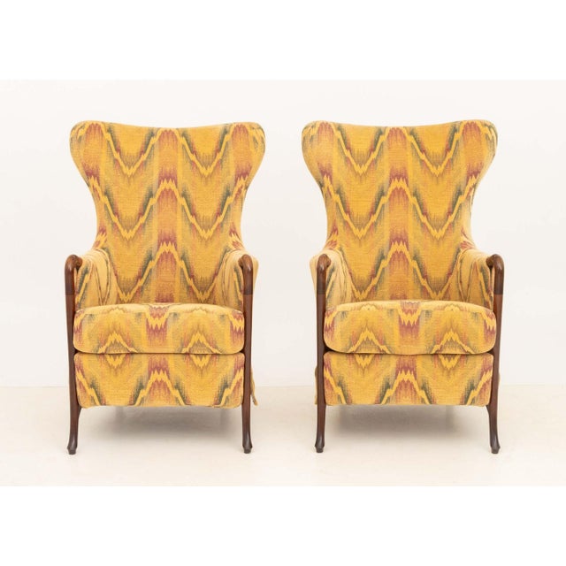 Pair of Umberto Asnago "Progetti 63340" Flame Stitch Pattern Fabric Upholstered Wingback Armchairs, with teak frames. 42"...