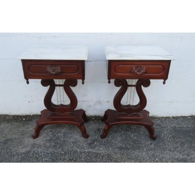 Mid 20th Century Victorian Style Marble Top Harp Design Side End Tables Nightstands a Pair For Sale - Image 16 of 18