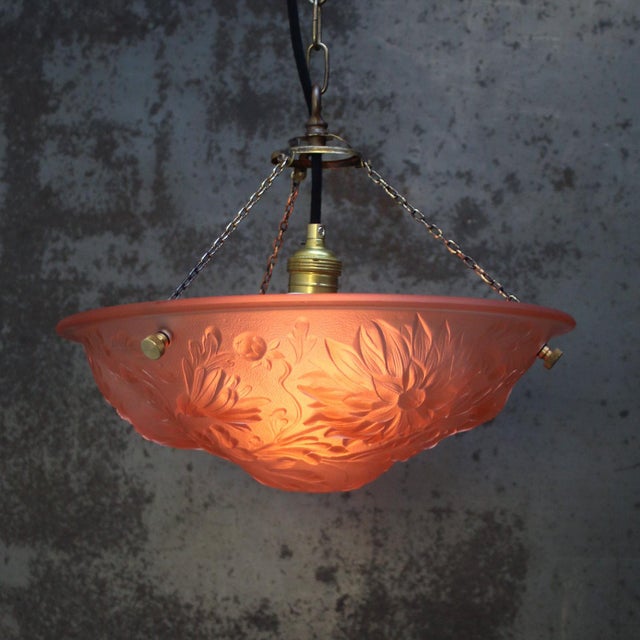 French Art Nouveau, pink pressed glass pendant lamp ca. 1920s Brass chain E27 / E26 Up to 250V (Europe/UK Standard).The...