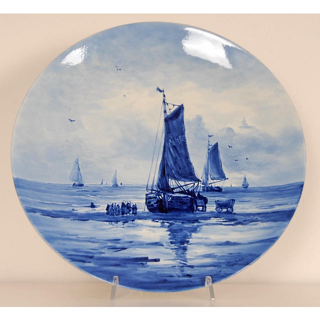 Mid 20th Century Royal Delft Plate Seascape Wall Plate Blue and White Large Wall Plate Handpainted Coastal Maritime For Sale - Image 5 of 11