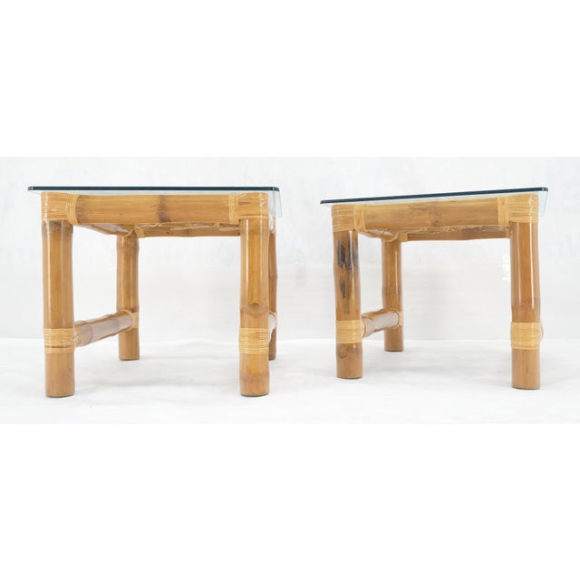 Pair Thick Bamboo Glass Top Rectangle Glass Top End Side Lamp Tables MINT For Sale - Image 12 of 18