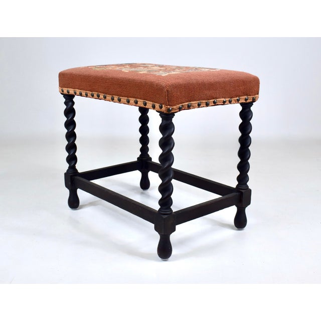 English Antique English Barley Twist Bench Stool in Oak With Tapestry For Sale - Image 3 of 8