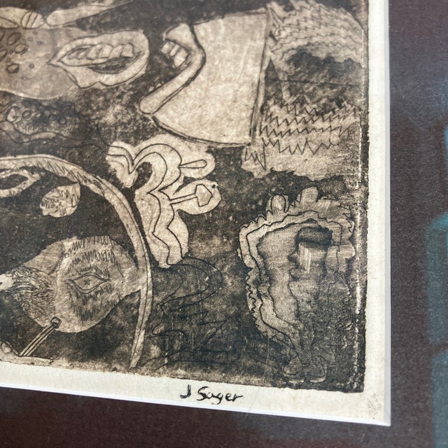 Abstract 1980’s Original Small Abstract Fish Lithograph Signed J. Sager Original Frame For Sale - Image 3 of 4