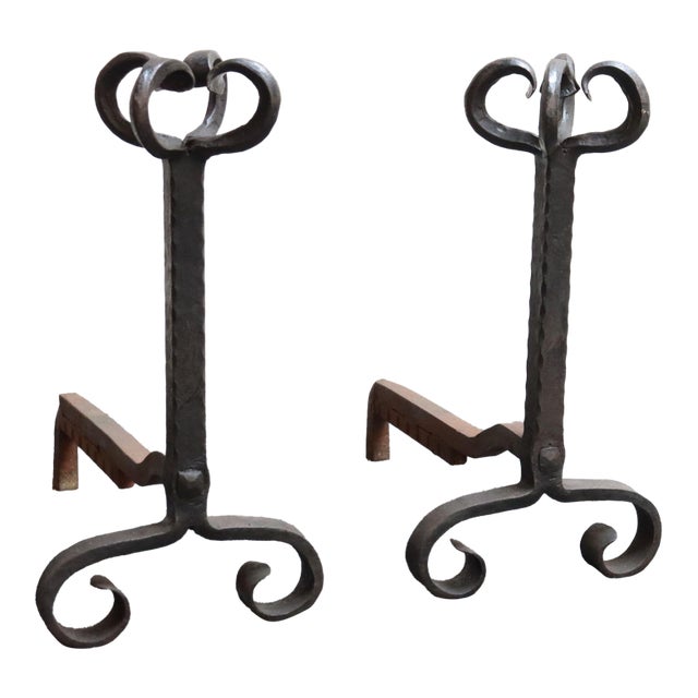 Pair of Tall Arts and Crafts Hand Forged Iron Fireplace Andirons For Sale
