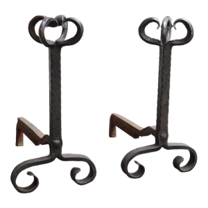 Pair of Tall Arts and Crafts Hand Forged Iron Fireplace Andirons
