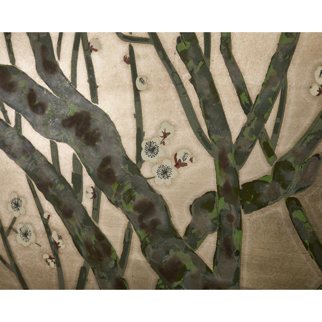 Japanese Showa Four Panel Screen Prunus With Songbirds For Sale - Image 10 of 12