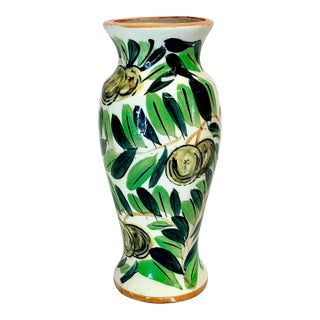 1950s Vintage Mediterranean Italian Style Hand Painted Olive Motif Vase. For Sale