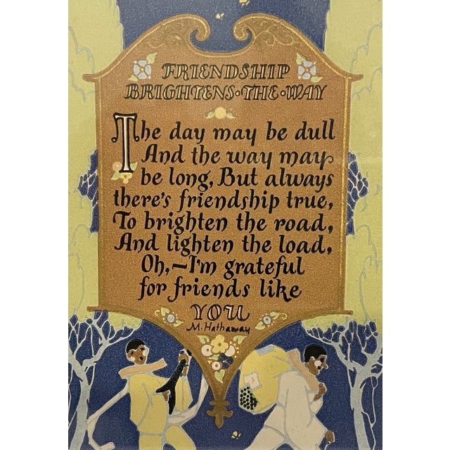 1910-1930s woodblock print of two harlequins and a quote about friendship by M. Hathaway. Framed in the original arts &...
