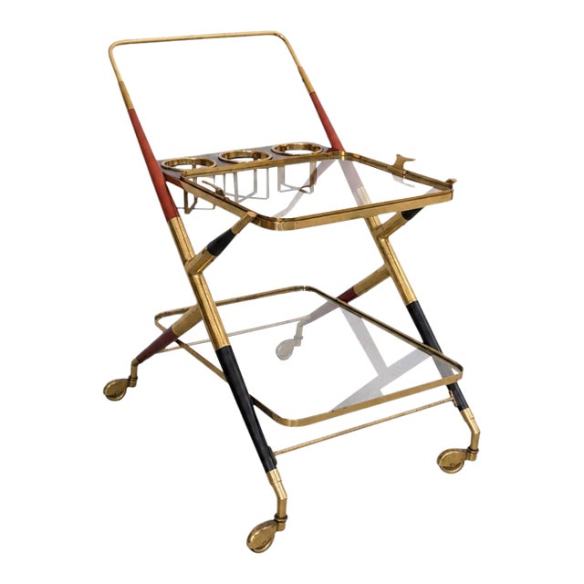 Italian Mid Century Modern Trolley Bar Cart Brass Glass Attributed to Cesare Lacca, 1950s For Sale