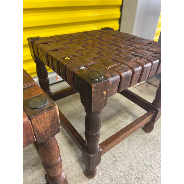 Set of 2 low stools wood and leather construction