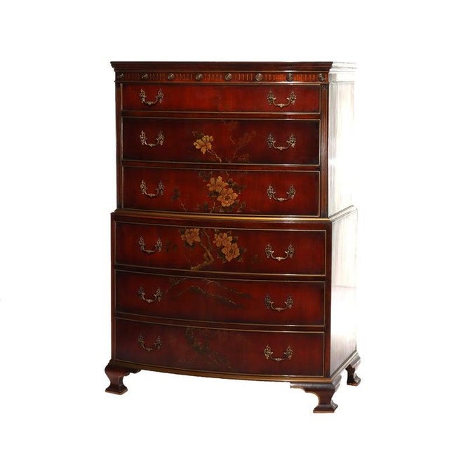 Floral Painted Chinese Chippendale Mahogany Six Drawer Highboy Chest C1920 For Sale - Image 16 of 18