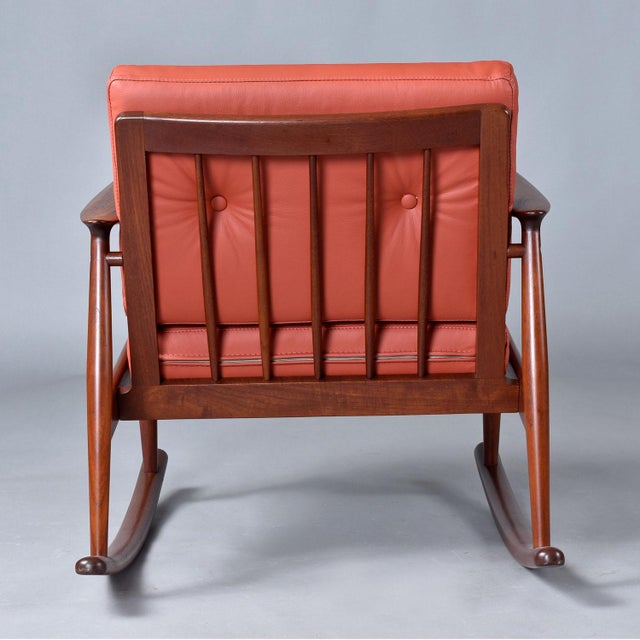 1950s Restored 1950's Danish Teak Rocking Chair in Terra Cotta Leather by Moreddi For Sale - Image 5 of 11